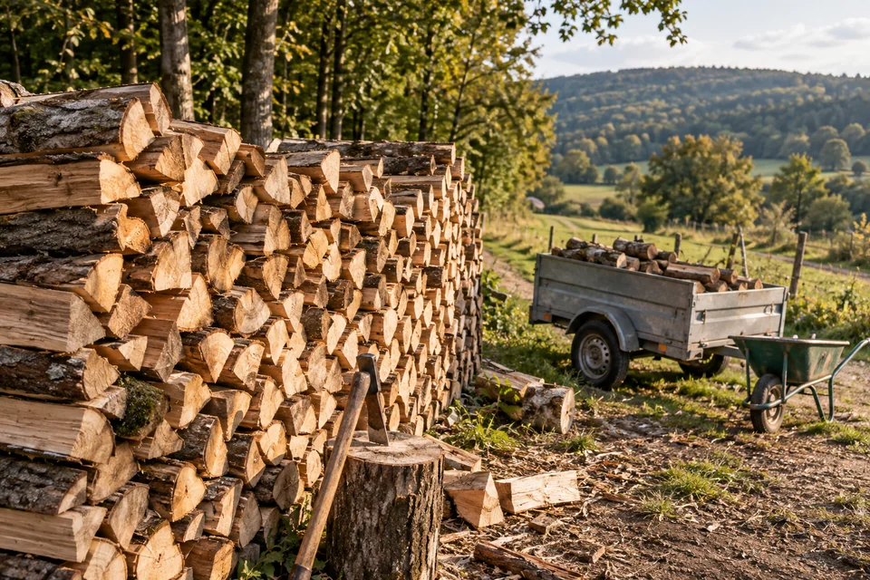 Bois coupé empilé en bordure de forêt avec remorque