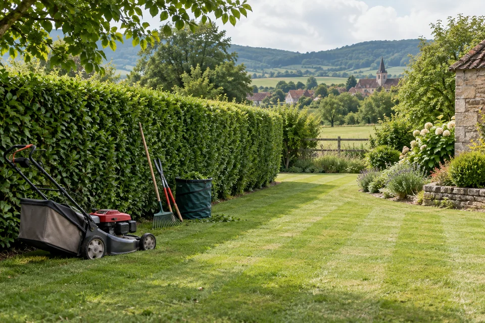 Jardin entretenu avec haie taillée et matériel de tonte