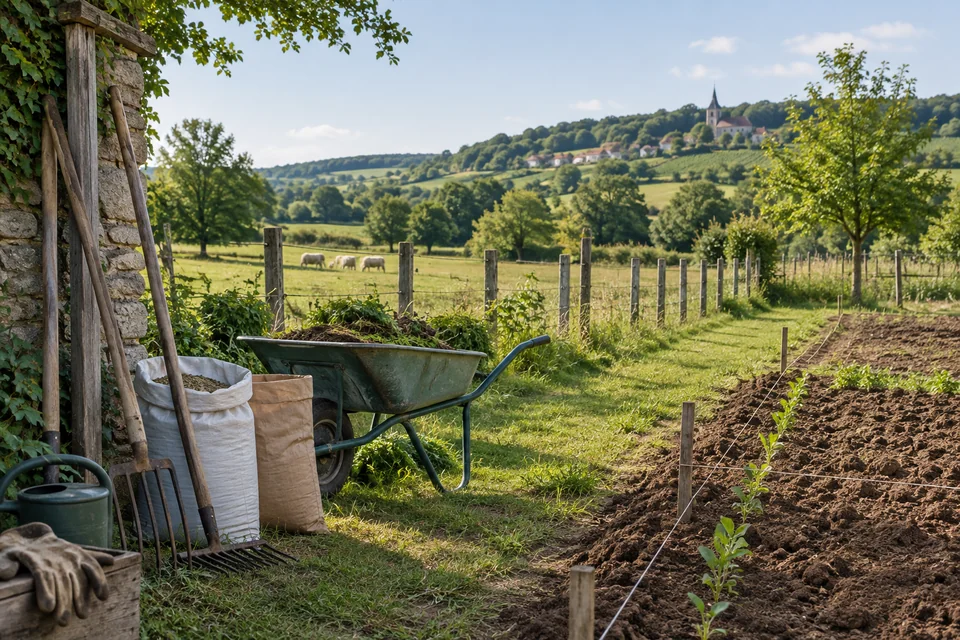 Outils agricoles, brouette et rang de culture dans un champ